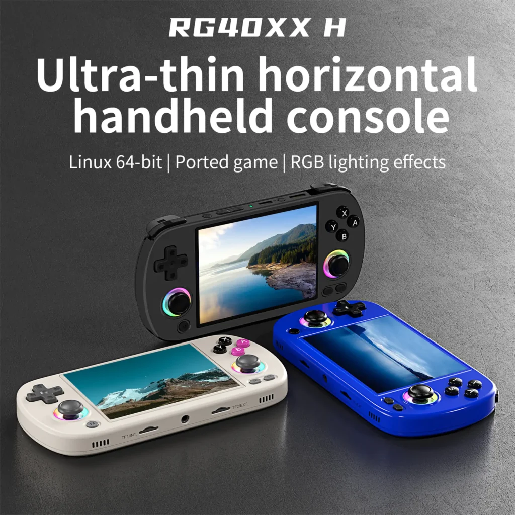 RG40XX H ultra-thin horizontal handheld game console, 4-inch IPS screen, supports multi-platform ported games and RGB lighting, available in three colors.