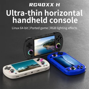 RG40XX H ultra-thin horizontal handheld game console, 4-inch IPS screen, supports multi-platform ported games and RGB lighting, available in three colors.