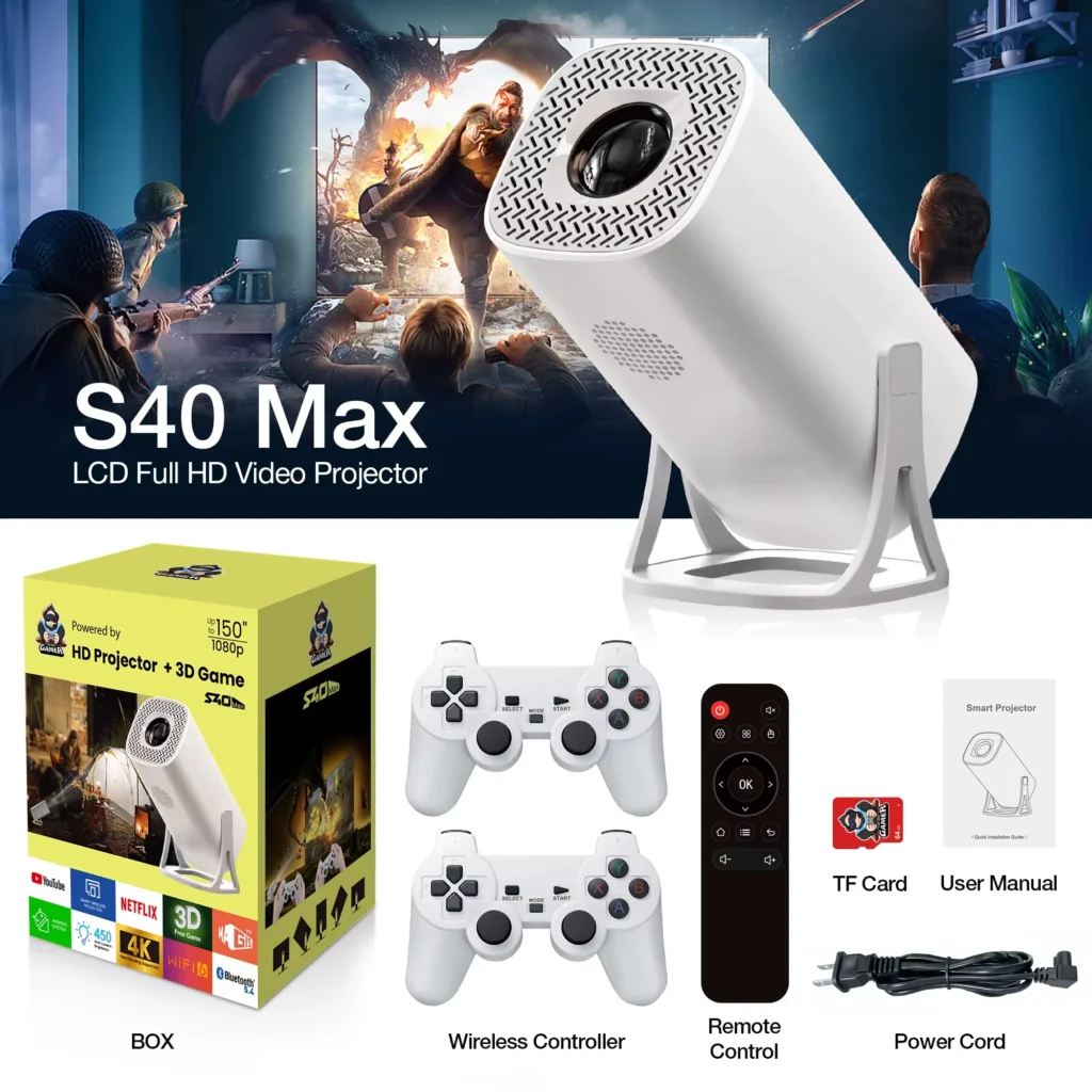 S40 Max HD projector with Android 11, dual game controllers, WiFi 6, Bluetooth 5.4, perfect for portable outdoor entertainment