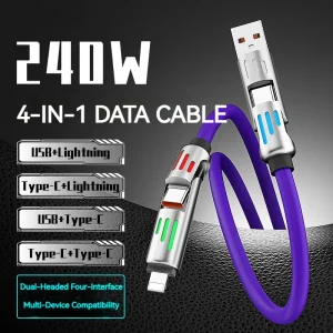 240W 4-in-1 fast charging cable compatible with USB, Type-C, and Lightning interfaces for multiple devices