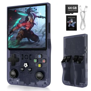 English: R36MAX handheld retro game console with 4.0-inch IPS screen, transparent black design, 64GB card, and USB cable