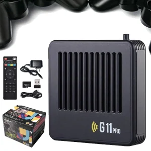 G11 Pro game box set with console, wireless controllers, remote, power adapter, and packaging, supports 4K retro gaming and multiplayer.