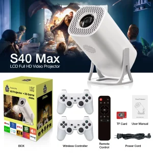 S40 Max HD projector with Android 11, dual game controllers, WiFi 6, Bluetooth 5.4, perfect for portable outdoor entertainment